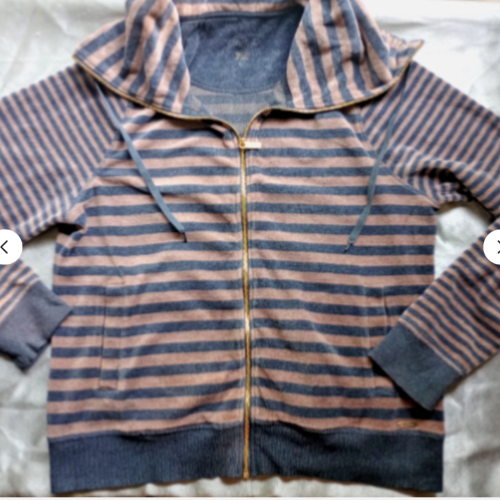Calvin Klein womens striped velvet long sleeve zip jacket szL pockets navy/tan
